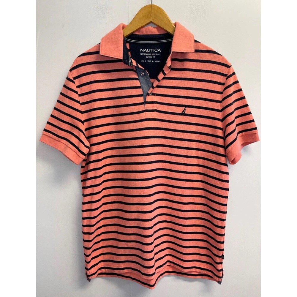 Nautica Men's S Performance Deck Shirt Short Sleeve Polo Peach Striped Logo